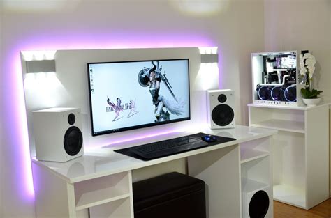 White L Shaped Desk Gaming Setup : Its monitor stand is elevated and ...