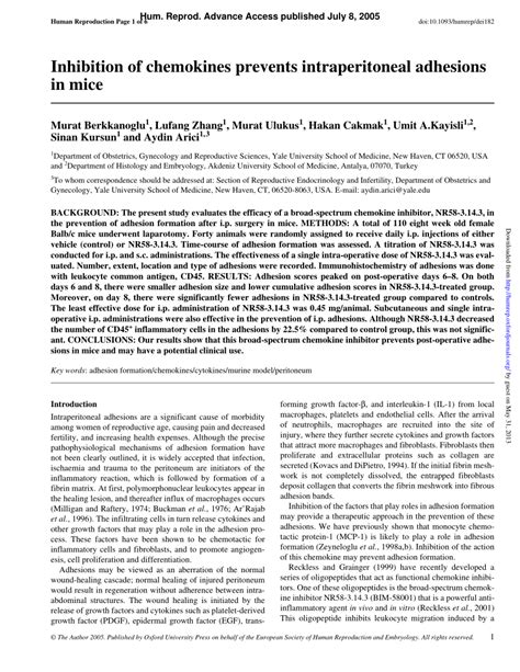 (PDF) Inhibition of chemokines prevents intraperitoneal adhesions in mice