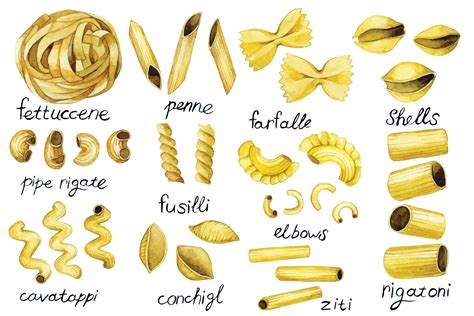 Watercolor drawing, pasta types set. cute vintage illustration, pasta, italian food. cuisines of ...