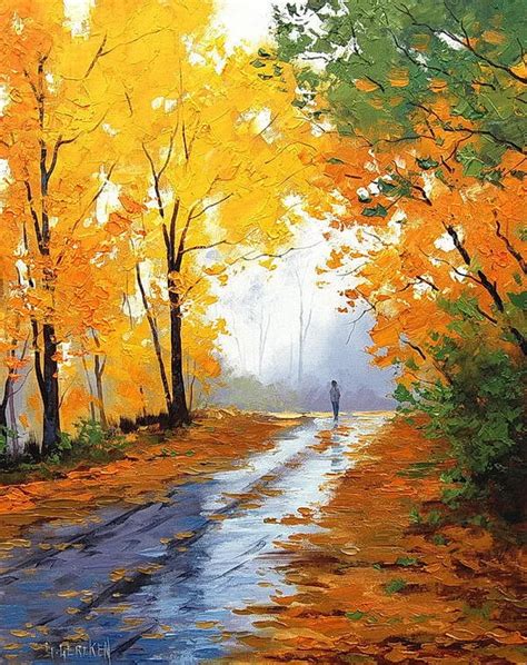 Modern handmade painting village path in autumn on oil painting canvas ...