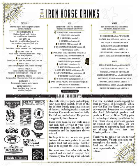 Menu at The Iron Horse Grill restaurant, Jackson