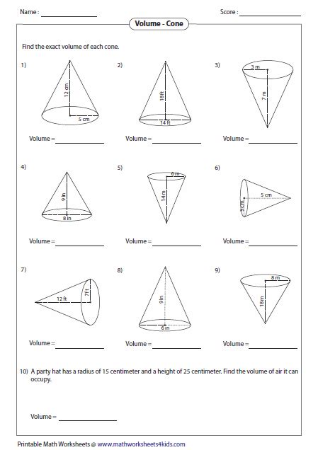 Volume Of A Cone Worksheet - Finding the volume of a cone worksheet - Round your answer to the ...