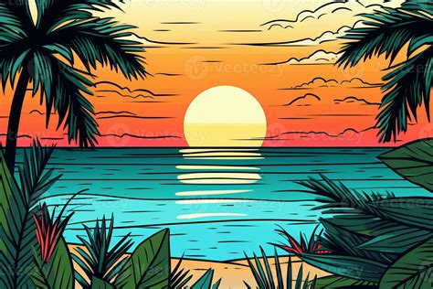 Colorized Drawing of a Tropical Twilight Beachscape generative AI 28366340 Stock Photo at Vecteezy