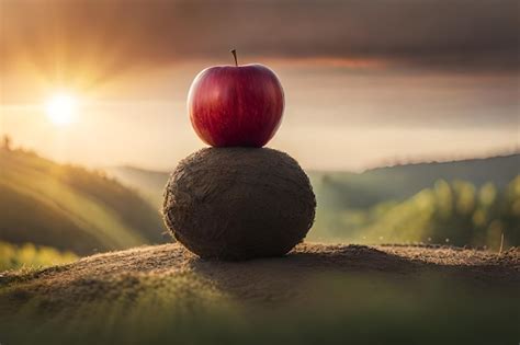 Premium AI Image | an apple on top of a rock in the sunset