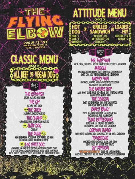 Menu at The Flying Elbow restaurant, Marshalltown, 229 N 13th St