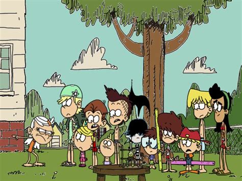 cartoon characters standing around a tree in the grass