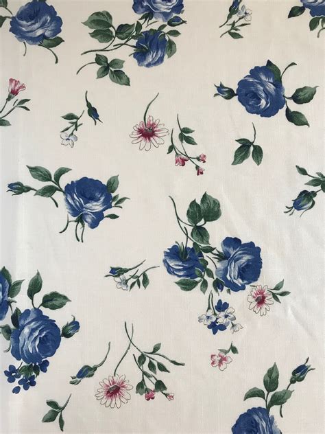 Vintage fabric Blue/White Roses Floral Print Rose Print | Etsy