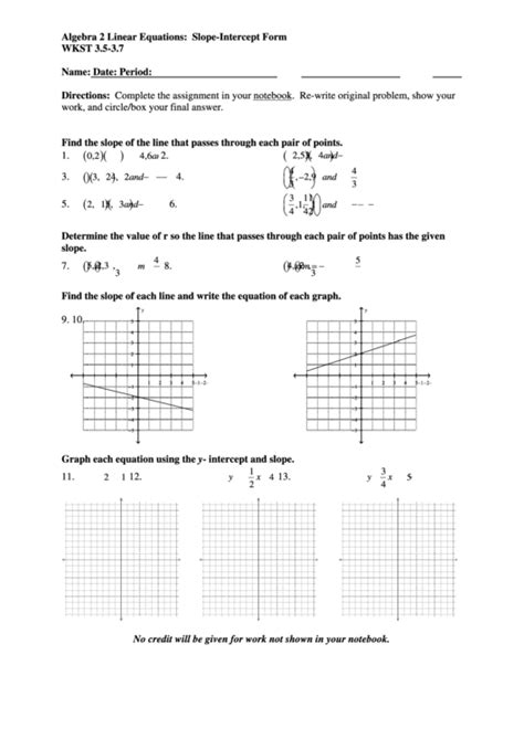 Linear Equations: Slope-Intercept Form Worksheet printable pdf download