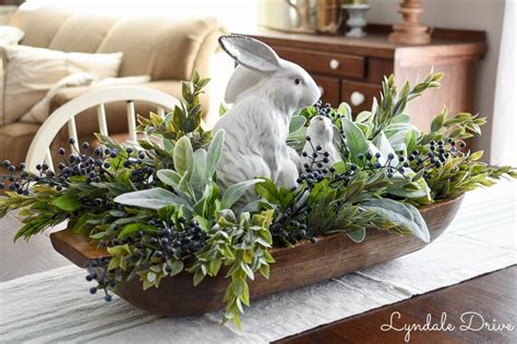 CENTERPIECE, Easter/Spring Dough Bowl (Inspiration) - faux bushes of ruscus, lambs ear, berry ...