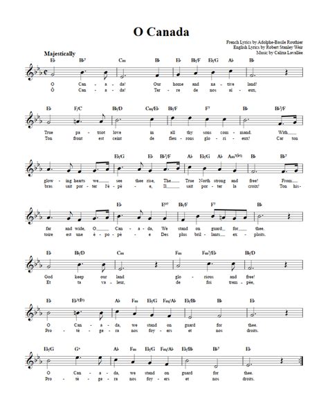 O Canada C Instrument Sheet Music (Lead Sheet) with Chords and Lyrics