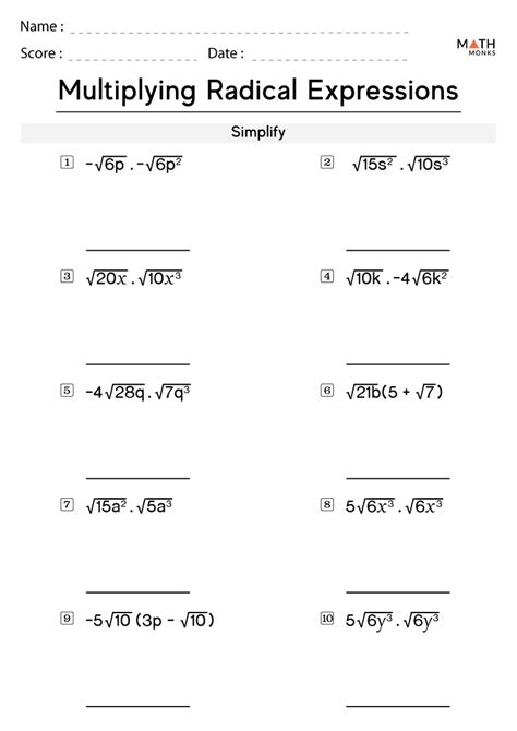 Multiplying Radical Expressions Worksheets