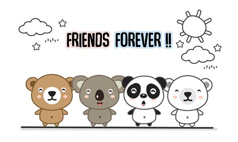 Friends forever greeting card with little animals. Cute bears cartoon vector illustration ...