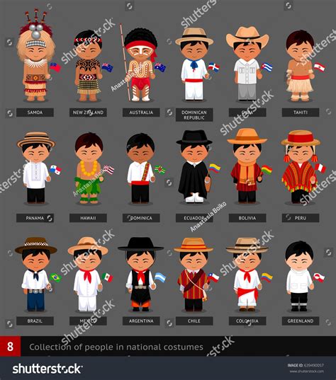 Boys in national costumes with flags. Set of men dressed in national ...