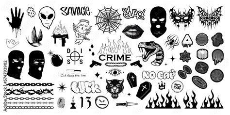 Crime elements, graphic set gang tattoo, brutalism elements, trendy ...