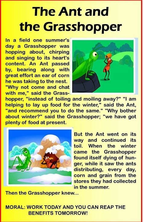 the ant and the grasshopper story is shown in this page, with an image of ants