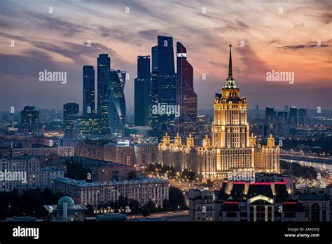 Aerial view of Moscow City skyline at sunset showing architectural ...