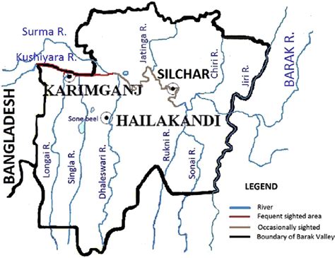 Map of the Barak Valley showing different rivers and dolphin's sites ...