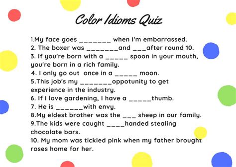 Color Idioms Worksheet | Common phrases, Idioms, Rich family