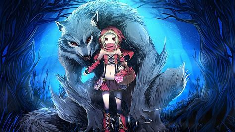 Anime version of little red riding hood and gray wolf HD wallpaper | Wallpaper Flare