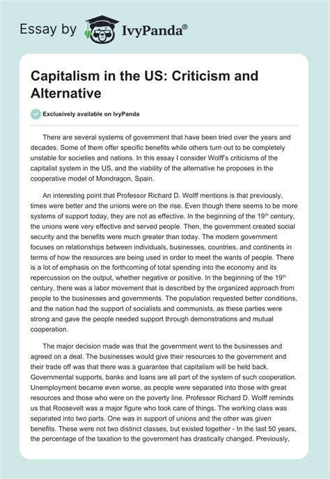 Capitalism in the US: Criticism and Alternative - 1183 Words | Essay Example