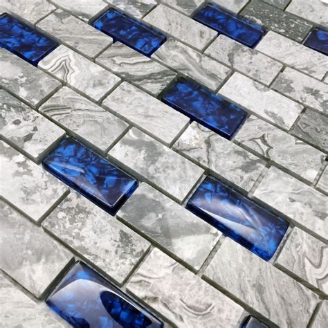 Navy Blue Glass Backsplash Tile Gray Marble 1" x 2" Subway | Fifyh.com ...