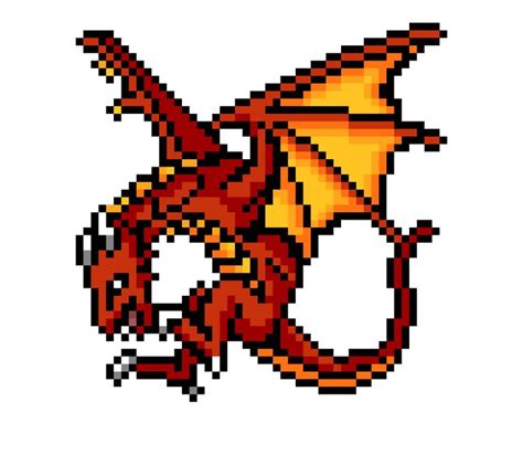 an image of a pixel art style dragon on a white background in red and yellow colors