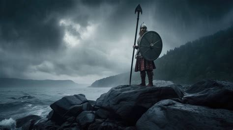 A 4K ultra hd wallpaper of a Viking warrior standing on the rocky shore of a misty fjord, with ...