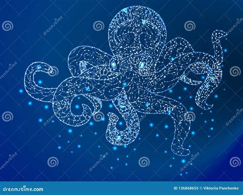 Octopus, Cephalopod Mollusk, Marine Animal. Abstract Polygonal on a Blue Background with Stars ...