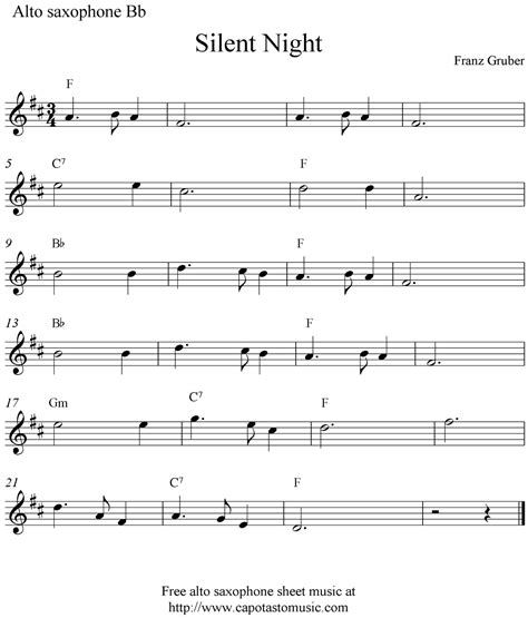 Easy Sheet Music For Beginners: Silent Night, free Christmas alto saxophone sheet music notes