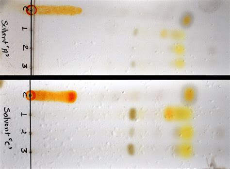 TLC plate run in solvent systems 'A' and 'C': 1 = Caloplaca... | Download Scientific Diagram