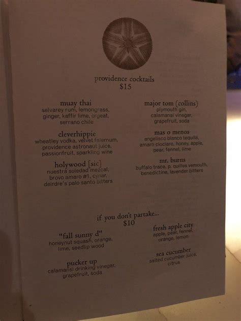 Menu at Providence restaurant, Los Angeles