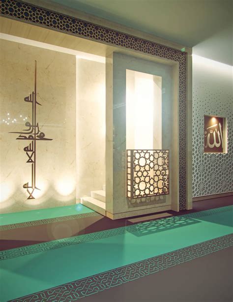 Leicester Modern Islamic Mosque Interior Design 9- The brightly lit altar centers the prayer ...