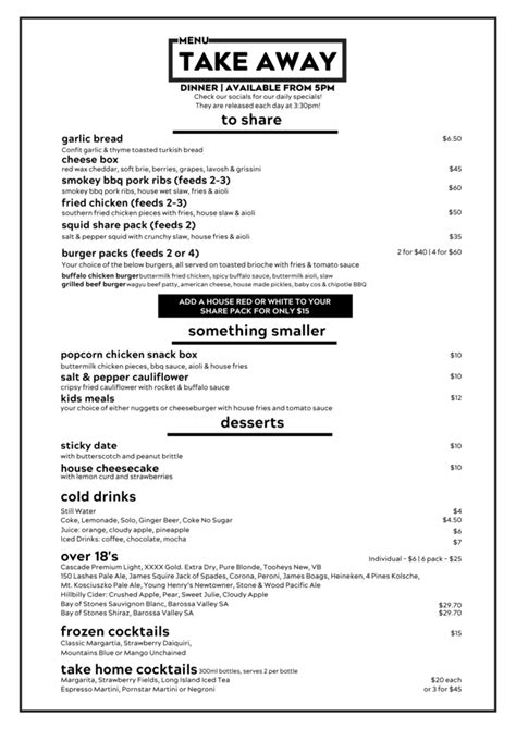 Take Away Menu | The Bunker Cafe Bar Restaurant