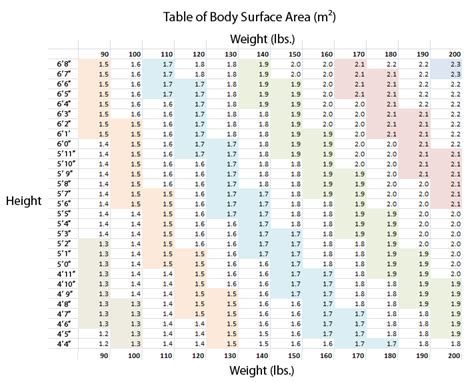 Body Surface Area Chart with Photos