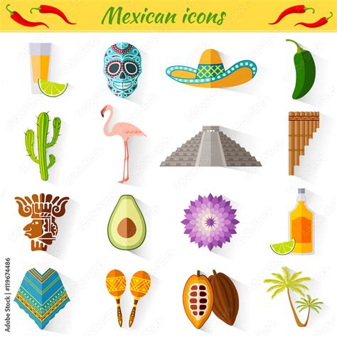 Set of vector travel Mexican icons. Collection of famous symbols and ...