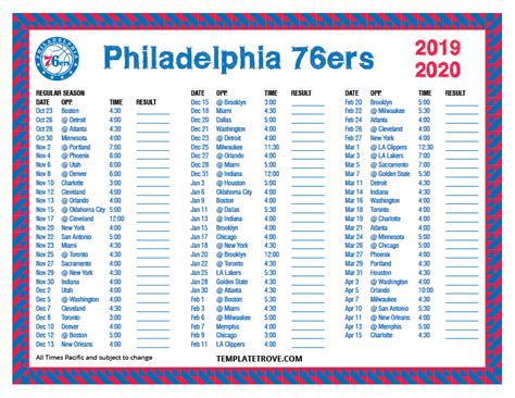 Printable 2019-2020 Philadelphia 76ers Schedule