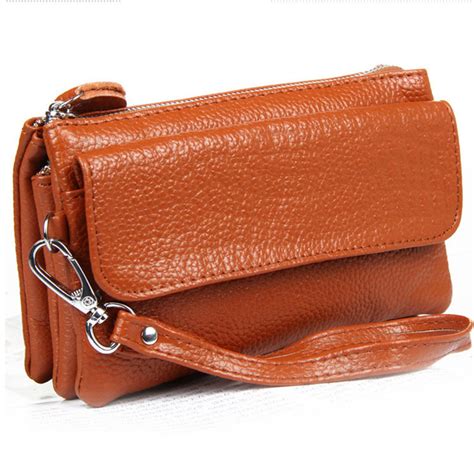 Leather Clutch Purse With Shoulder Strap And Wristlet. Fits All Smartphones-Brown