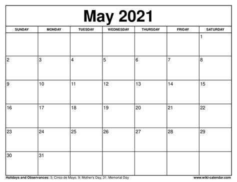 Free Printable May 2021 Calendars