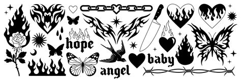 Tattoo art 1990s, 2000s. Y2k stickers. Butterfly, barbed wire, fire, flame, chain, heart ...