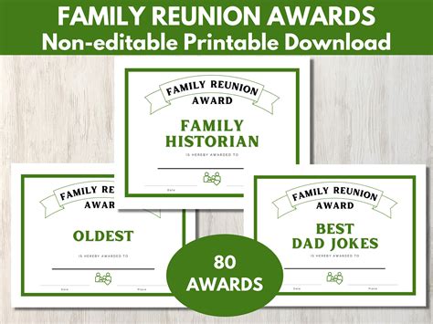 Family Reunion Awards 80 Printable Reunion Award Certificates in Green non-editable - Etsy