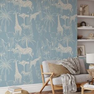 Blue Safari Animals Wallpaper Removable Self Adhesive Jungle Animals Wallpaper Peel and Stick or ...