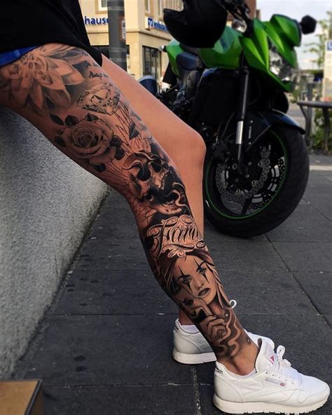 Black & Gray Leg Sleeve Tattoo - InkStyleMag | Leg sleeve tattoo, Leg tattoos women, Girls with ...