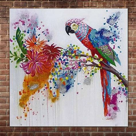 Hand Painted Abstract Colorful Bird and Flower Oil Painting on Canvas ...