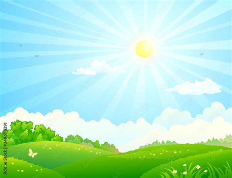 Vecteur Stock Vector cartoon illustration of green fields and sunny sky | Adobe Stock