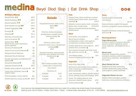 Menu at Medina restaurant, Aberystwyth