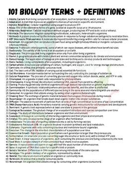 101 Biology Terms and Definitions Study Guide Packet | TPT