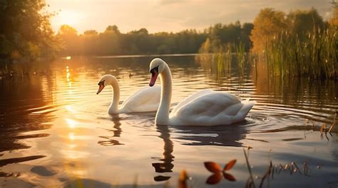 Premium AI Image | Swans swimming in a lake at sunset