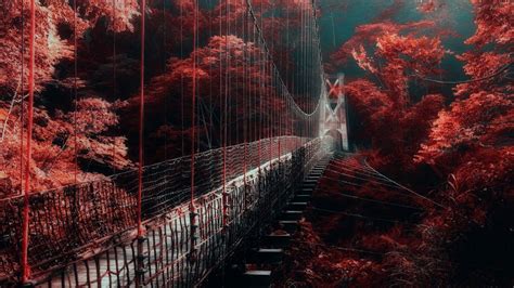 Bridge Between Red Autumn Trees HD Dark Aesthetic Wallpapers | HD ...