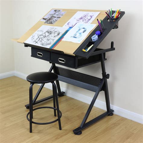 Adjustable Drawing Board Drafting Table With Stool Craft Architect Desk ...