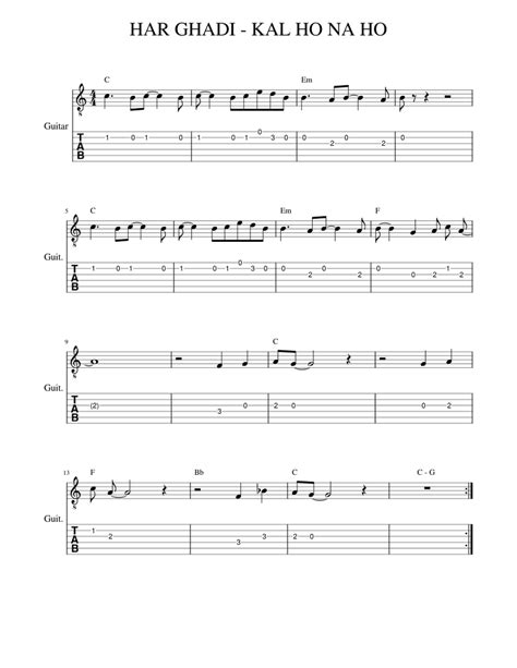 HAR GHADI - KAL HO NA HO - GUITAR TABS, NOTATION & CHORD CHART Sheet ...